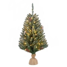 3ft 100LED Christmas Tree Small Tabletop Flocked Christmas Tree with 118 PE Branch Tips & Pulp Base Outdoor Bedroom Room Porch Table Centerpieces Xmas Decorations