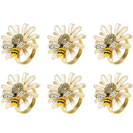 Rensimote Set of 6 Daisy Sunflower Napkin Rings, Gold Bee Napkin Ring Holders for Formal or Casual Dinning Table Decor
