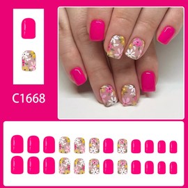 Pink Press on Nails Short Square Nails Press on with Flower Design Glossy Pink Glue on Nails Yellow White Floral Fake Nail Reusable Full Cover Spring Summer Acrylic Nail for Women Manicure 24Pcs