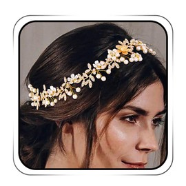 IYOU Crystal Bridal Hair Wreath with Tendrils for Wedding Leaf Gold Headpiece Pearl Flower Guest Bridesmaid Hair Accessories for Women