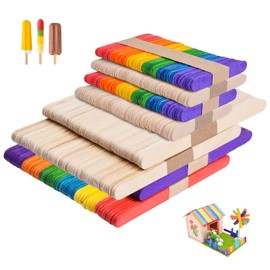 Seasboes 400 Pieces Wooden Sticks, 4 in 1 Colourful & Natural Wooden Ice Sticks for Crafts, Wooden Spatulas for Ice Wooden Sticks, DIY Crafts, Ice Sticks Wooden Sticks with Various Sizes