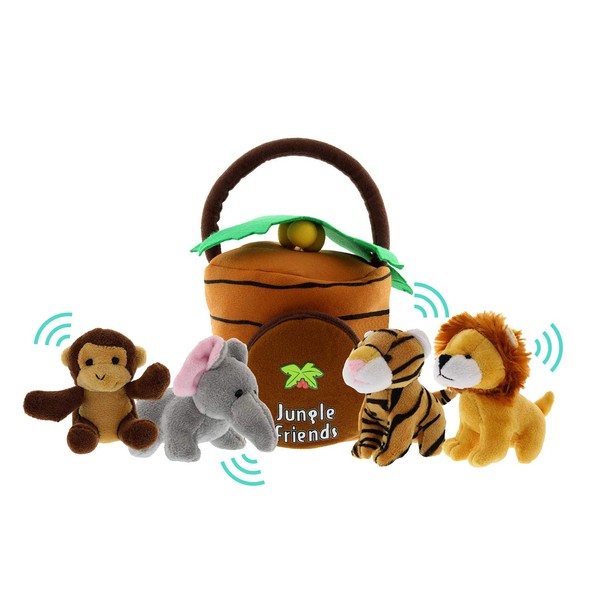 Jungle Animals Talking Plush Baby Toy – 5 Piece Small Stuffed Animals Set Including Jungle House Carrier and Stuffed Monkey, Lion, Tiger & Elephant – These Mini Toys are Ideal for Boys and Girls