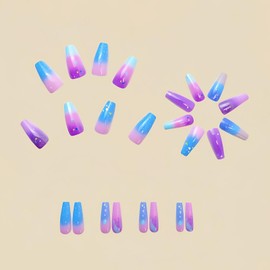 Gradient Press on Nails Medium Coffin Fake Nails Glossy Shiny Acrylic Stick on Nails Cute Glue on Nails Coloful Full Cover Artificial False Nails Reusable Nails Kit for Women Girl 24Pcs