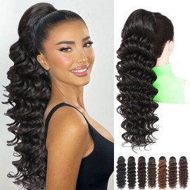 HILYBAE 24 Inch Black Ponytail Extension, Drawstring Ponytail for Black Women, Long Curly Pony Tails Hair Extensions, Natural Synthetic Hairpiece Fluffy Ponytail for Daiy Use (Natural Black)