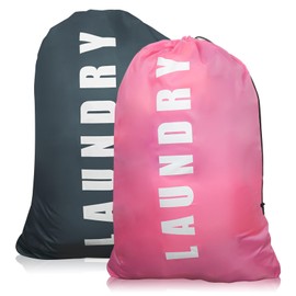 2 Pack Upgrade Extra Large Travel Laundry Bag with Drawstring，24" x 36" Durable Rip-Stop Dirty Clothes Shoulder Bag for Travel, Bathroom Home or Dormitory (Pink Grey)