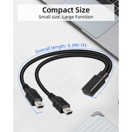 RIIEYOCA Short USB Type C Female to Dual Mini USB Male Charging Cable, Only Support Charging,1 to 2 USB C Splitter Charging Cable(1FT/2Pack Charging Only)