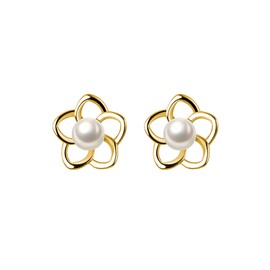 Reffeer Solid 925 Sterling Silver Small Pearl Flower Earrings Studs for Women Teens Unique Petite Flower Studs Earrings (C-Gold)
