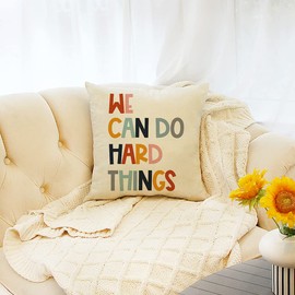 Ogiselestyle Farmhouse Pillow Covers with We Can Do Hard Things Quote 18 x 18 Inch Farmhouse Rustic Cushion Covers with Saying Family Room Décor