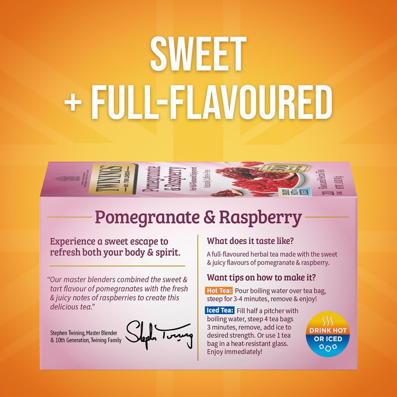 Twinings Pomegranate & Raspberry Herbal Tea Individually Wrapped Bags, 20