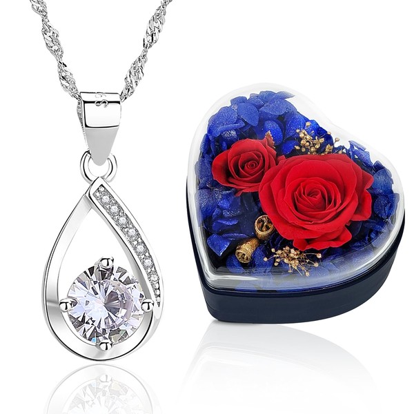 Preserved Flower Jewelry Box, Eternal Silver Necklace, Teardrop Motif, Flower that Won't Wither + Finest Knot, Drop Shape, Necklace, 2 in 1 Anniversary, Birthday, Gift, Girlfriend, Wife, Wedding Gift,