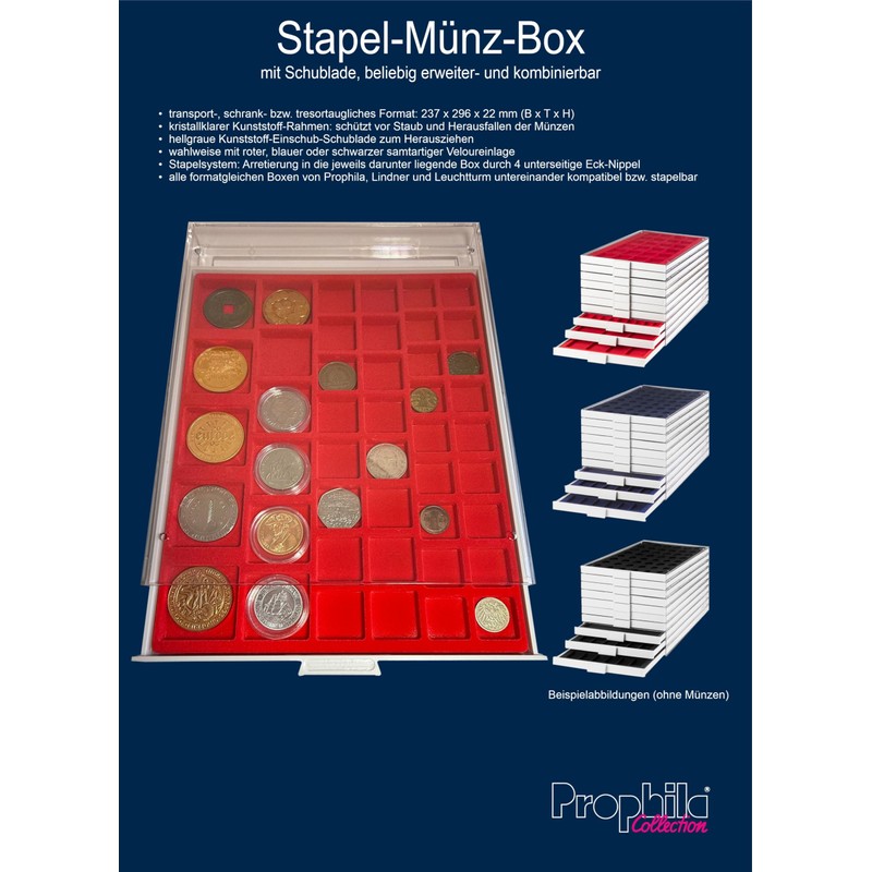 Prophila Collection Coin Box Grey 35 Square Compartments for Coins