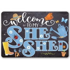 She Shed Sign - Blue - Metal Sign - Unique Home and Garden Accent, Perfect for Yard or Patio Decoration, Great Gift for Women Gardeners, Chalkboard Look 8x12 Indoor/Outdoor Durable Metal Sign