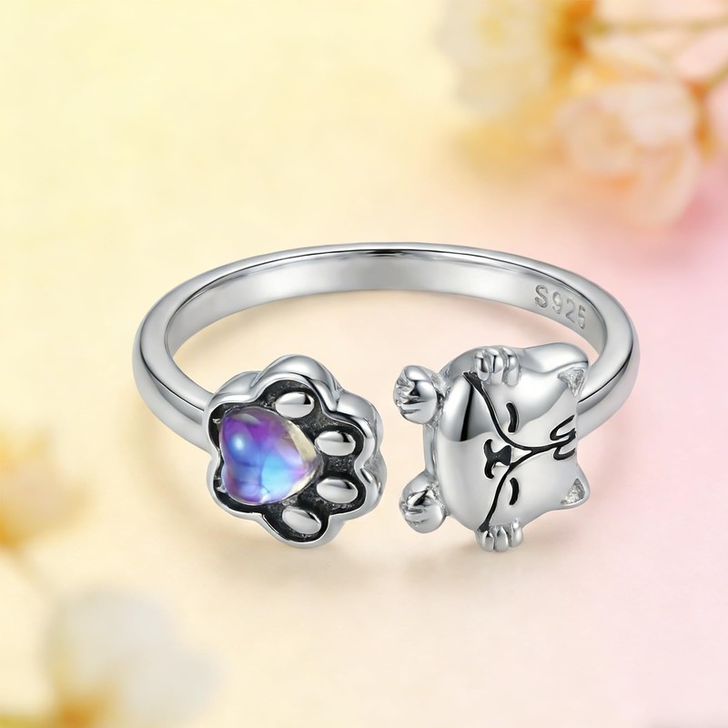 INURAN 925 Sterling Silver Cat Open Rings Moonstone Cute Animal