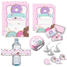 Amanda Creation Deluxe Donut Grow Up Girl 2nd Birthday Party Bundle Includes 20 Invitations & Thank You Cards with Envelopes + 3 Different Sizes of Stickers & Water Bottle Labels!