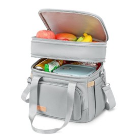 MAPLELILY Lunch Box for Men Women - Double Deck Insulated Lunch Bag, Large Leak Proof Tote Cooler, Wide Open Dual Compartment Lunch Bags with Shoulder Strap, For Work Picnic Hiking Beach, Grey