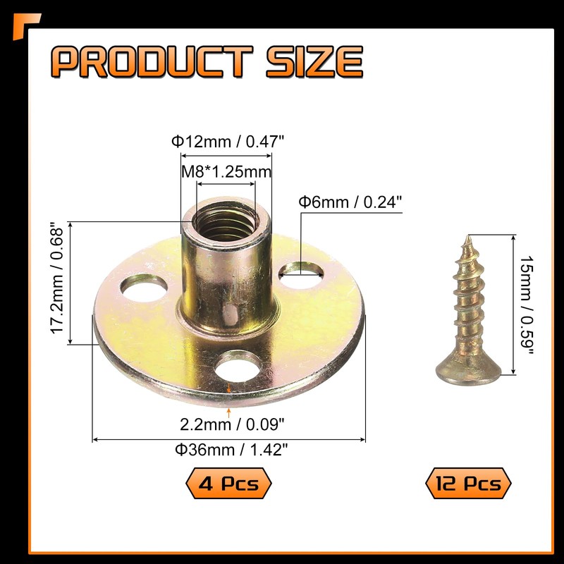 sourcing map 4Pcs M8 T-Nuts, Zinc Plated Steel Brad Hole