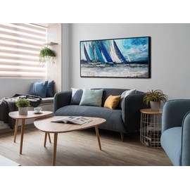 Arjun Blue Abstract Wall Art Canvas Teal Ocean Sailboat Picture Modern Turquoise Coastal Painting Artwork for Living Room Bedroom Bathroom Home Office Wall Decor, Black Wood Framed Large 40"x20"