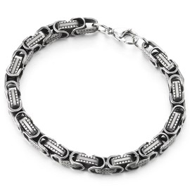 COOLSTEELANDBEYOND Mens Byzantine Bracelet Vintage Oxidized Silver-tone Steel Braided Link Chain, Rugged Biker Style, Length 8.27", Width 0.24", Metal, no gemstone