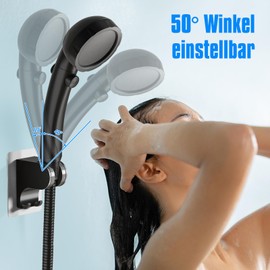 JONKEAN JONKEAN Duschkopfhalterung ohne Bohren, 3M Kleber Handbrause Halterung, 45?? Verstellbare Duschbrause Halterung, Duschhalterung, Dusche Brausehalter mit 2 Haken (2.Schwarz, 1 St1ck)
