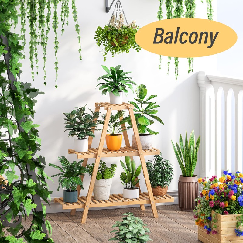 Furshus Bamboo Plant Stand - Indoor/Outdoor 3 Tier Plant Ladder,