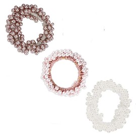 KAIAIWLUO Pearl Hair Bobbles, Pack of 3 Hair Scrunchies with Beads Ponytail Holder Bead Bracelet Elastic Hair Accessories Hair Scrunchies Pearl for Women and Girls, Multi-coloured, m