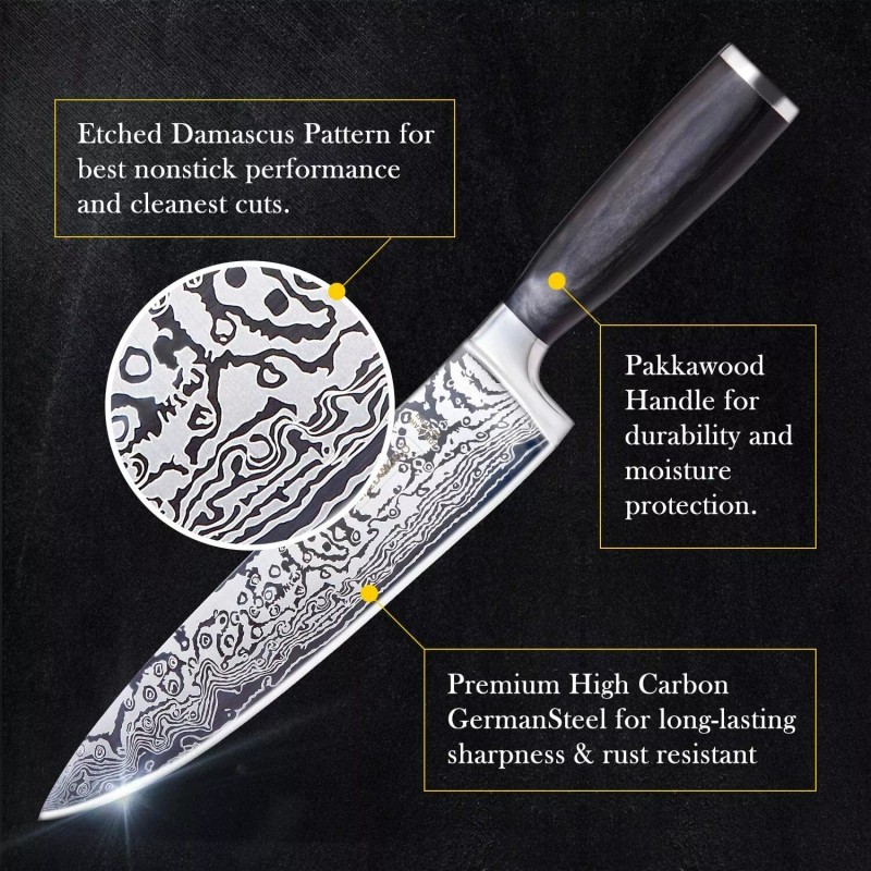 Chef Knife MICHELANGELO Super Sharp Professional Chef's Knife Etched Damascus