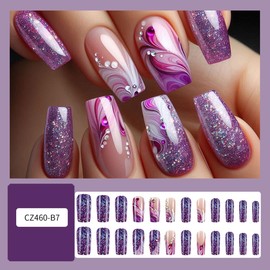 24Pcs Purple Glitter Press on Nails Medium Square Fake Nails Spring Ombre Glue on Nails Nude False Nails with Glitter Rhinestones Designs Summer Cute Coffin Stick on Nails for Women