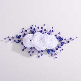 Lenjicons Wedding Satin Large White Rose Flower Hair Clips Blue Rhinestone Beads Bridal Headpiece Elegant Flower Headband Handmade Rhinestone Wedding Hair Accessories for Women (blue)