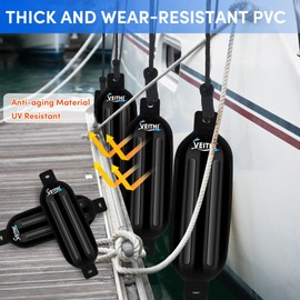 VEITHI Boat Fenders 4Pack 5.5 x 20 inch,Ribbed Twin Eyes Vinyl Boat Bumpers Fenders,Boat Bumpers for Docking Come with Ropes Needles and Pump to Inflate,Pontoon Boat Fenders for Docking Black