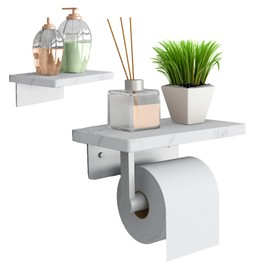 Toilet Paper Holder Wall - 2 Shelves Marble & Silver - Satin Nickel - Bathroom Toilet Paper Holder Wall Mount for Easy Access and Storage