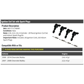 Ignition Coil and Iridium Spark Plug Kit - 8-Piece - Compatible with 2007-2014 Chevy Malibu 2.2L 2.4L