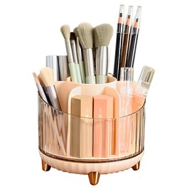 MINDFARGE Multifunction Cosmetic Organizer, Rotating Makeup Brush Holder with Multi-Compartment Design, Countertop Organizer for Vanity, Bathroom Counter, Pantry, Cabinet (Transparent pink)