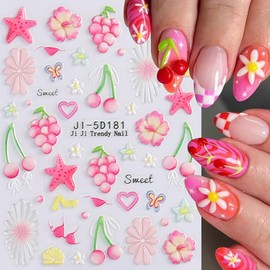 2 Sheets Beach Nail Stickers 5D Embossed Fruit Nail Art Stickers Self-Adhesive Flower Butterfly Cherry Grape Starfish Design Nail Art Supplies Beach Nail Decals for Women Girls Acrylic Nail Decor
