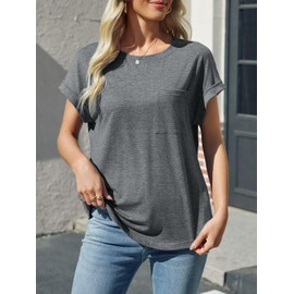 Tankaneo Womens Summer Cap Short Sleeve T-Shirts Casual Round Neck Tunic Tops Loose Fit Basic Tees with Pocket Grey