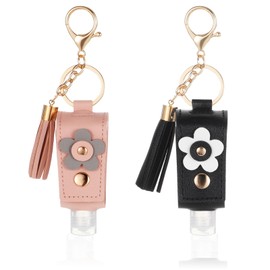2 PCS Hand Sanitizer Holder Keychain PU Leather 1oz/30ml Refillable Hand Sanitizer Keychain Travel Size Portable Empty Travel Bottle Keychains Small Squeeze Bottle for Toiletry Shampoo (Black+pink)