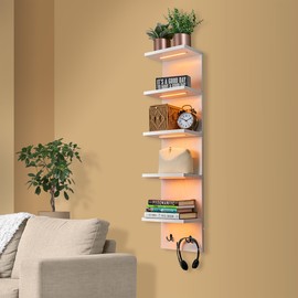 Sorbus LED Light Display Shelf - Vertical 5 Tier Wall Shelf Unit with 2 Hooks, Column Utility Shelving for Home Decor, Wall-Mounted Floating Shelves for Bathroom, Bedroom, Vanity, Figurine Display