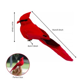 Artificial Feathered Cardinal Birds Ornament, Realistic Red Birds with Clip Decor for Home, Christmas Tree, Party, Garden, 3D Mini Bird Stuffed Craft