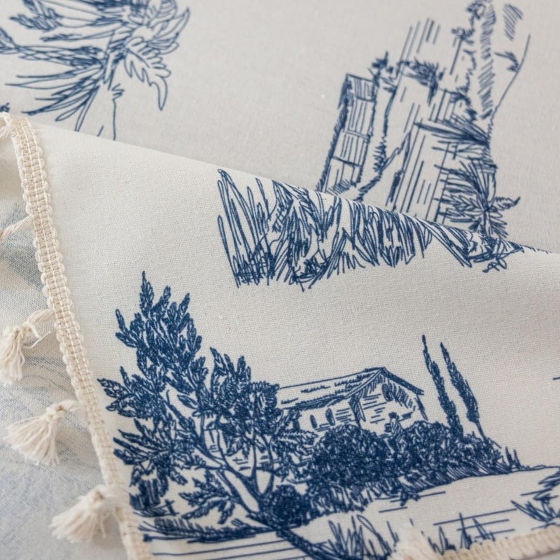 Retro Blue White Toile De Jouy Printed Rectangular Tablecloth, Premium