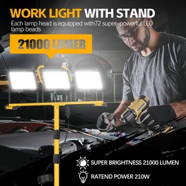 21000 Lumen Work Lights with Stand, 3 Adjustable Heads LED Work Lights, with Adjustable and Foldable Tripod Stand, Waterproof Lamp with Individual Switch with 6500 Kelvin Color Temperature (3-Heads)