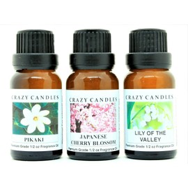 Crazy Candles 3 Bottles Set, 1 Pikaki, 1 Japanese Cherry Blossom, 1 Lily of The Valley 1/2 Fl Oz Each (15ml) Premium Grade Scented Fragrance Oils