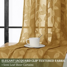 OVZME Sheer Curtains for Living Room Jacquard Clip Leaf Pattern Textured Light Filtering Semi Sheer Curtains for Bedroom 42 x 72 Inch Gold