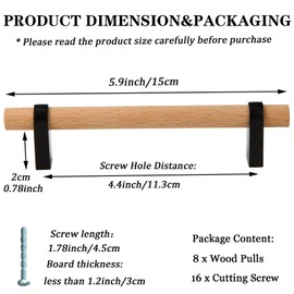 MShengM 8Pcs Natural Wood Pulls,4.4inch Hole Center Cabinet Handle,Modern Furniture Hardware Handle,for Kitchen Cabinets Drawer Dressers Wardrobe,with Mounting Screw