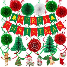 Chuankefanxing Weihnachts Dekoration, 24 Stück Weihnachts Dekoration Banner Set, Wiederverwendbare Frohe Weihnachten Papierbanner mit Wirbel Luftschlangen Pom Poms Papier für Indoor Dekoration