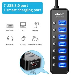 atolla Powered USB Hub 3.0, Atolla 7-Port USB Data Hub Splitter with One Smart Charg...