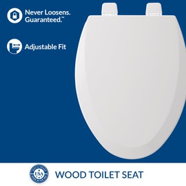 Bemis 1500TTT Durable Wood Toilet Seat, Secure Hinges Stay Tight, Made in USA, Elongated, White