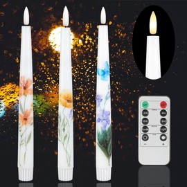 AFINETH Spring Flameless Taper Candles with Flowers, 9.6" Real Wax LED Candles with Remote, 3 Pack Flickering Candlesticks Battery Operated, Fake Candle for Home, Wedding, Party Decor