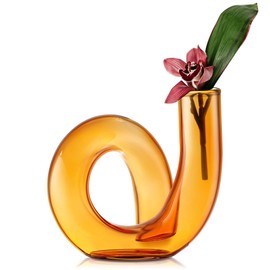 Joeyan Handmade Small Amber Glass Flower Vase,Decorative Geometric Glass Bud Vase for Modern Home Centerpieces Living Room Office,4.72" Abstract Vase for Single Flower and Dry Flowers