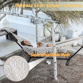 ZEAN Handwoven Hammock with Tassels by Thick Cotton Rope XL Two Person Hammock for Outside Patio Backyard Garden Beach 550LB Capacity