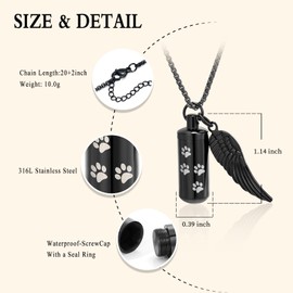 Cylinder Cremation Jewelry Urn Necklace Pet Ashes Pet Paw Memorial Ashes Necklace with Angel Wing for Dog/Cat Keepsake Jewelry for Men Women - S-Black