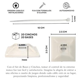Base Adherible Para Cincho Sujetador Atornillable 25x25mm Autoadhesiva y Bridas Ajustables para Organizador de Cables, Tuberia, Mangueras (Base Adheri